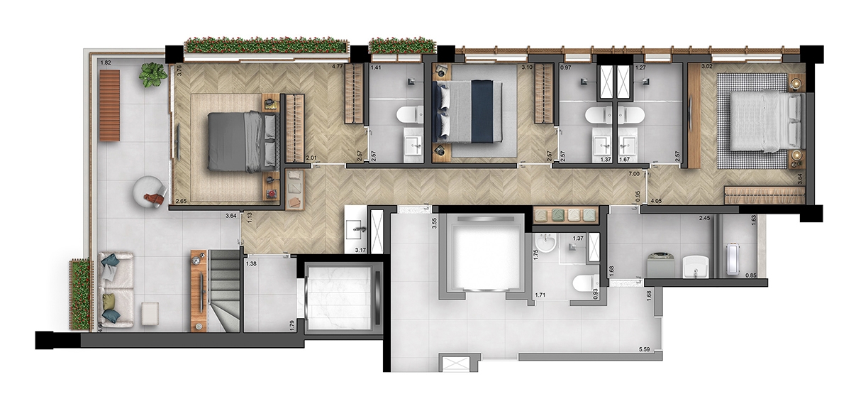 Duplex 3 Suítes 188 m² (Inferior)