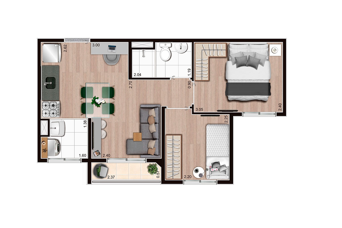 37,19 m² l Tipo meio final 6 e 7 Aroeira 
