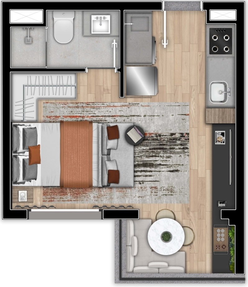 Apto, de 1 dorm. ampliado