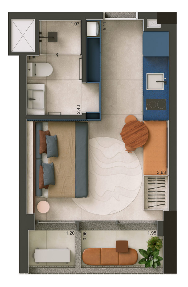 Planta Studio 25 a 27m²