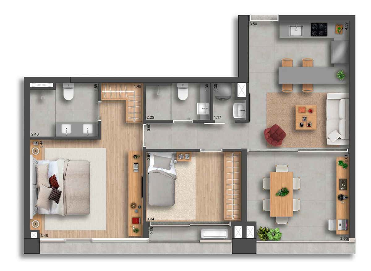 1 Suíte Tipo 74 m²