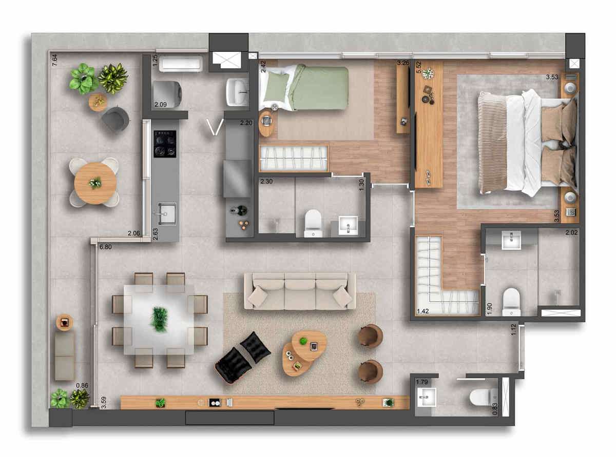 2 Suítes Tipo 90 m²